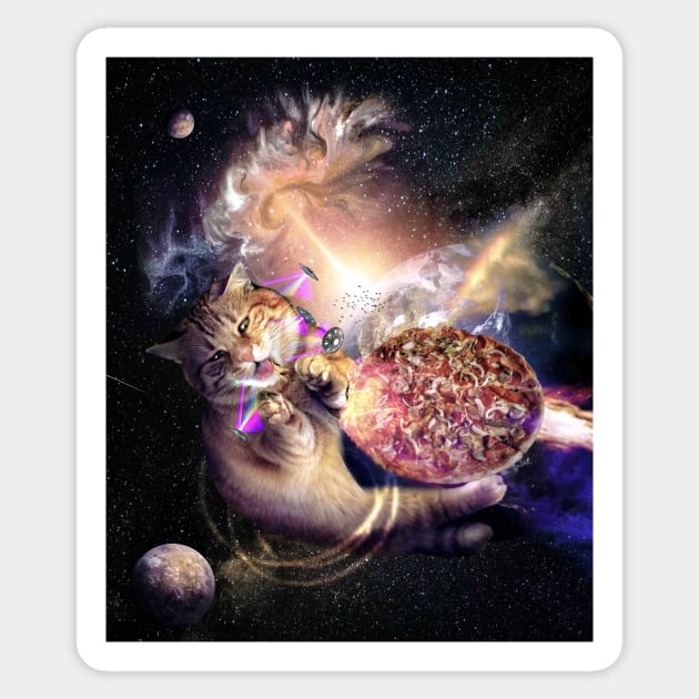 Galaxy Space Cat Reaching Pizza With Laser Sticker by Random Galaxy